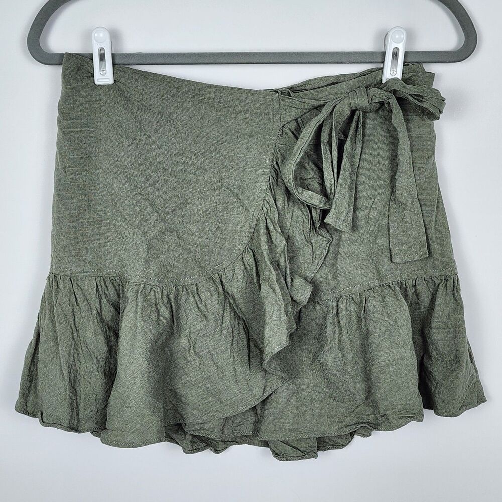Princess Polly Salem Linen Ruffle Wrap Around Mini Skirt Pine Green Size 0